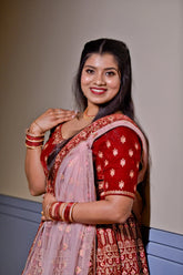 Manyavar Mohey Maroon Velvet Bridal Lehenga with Pink Dupatta - My Store